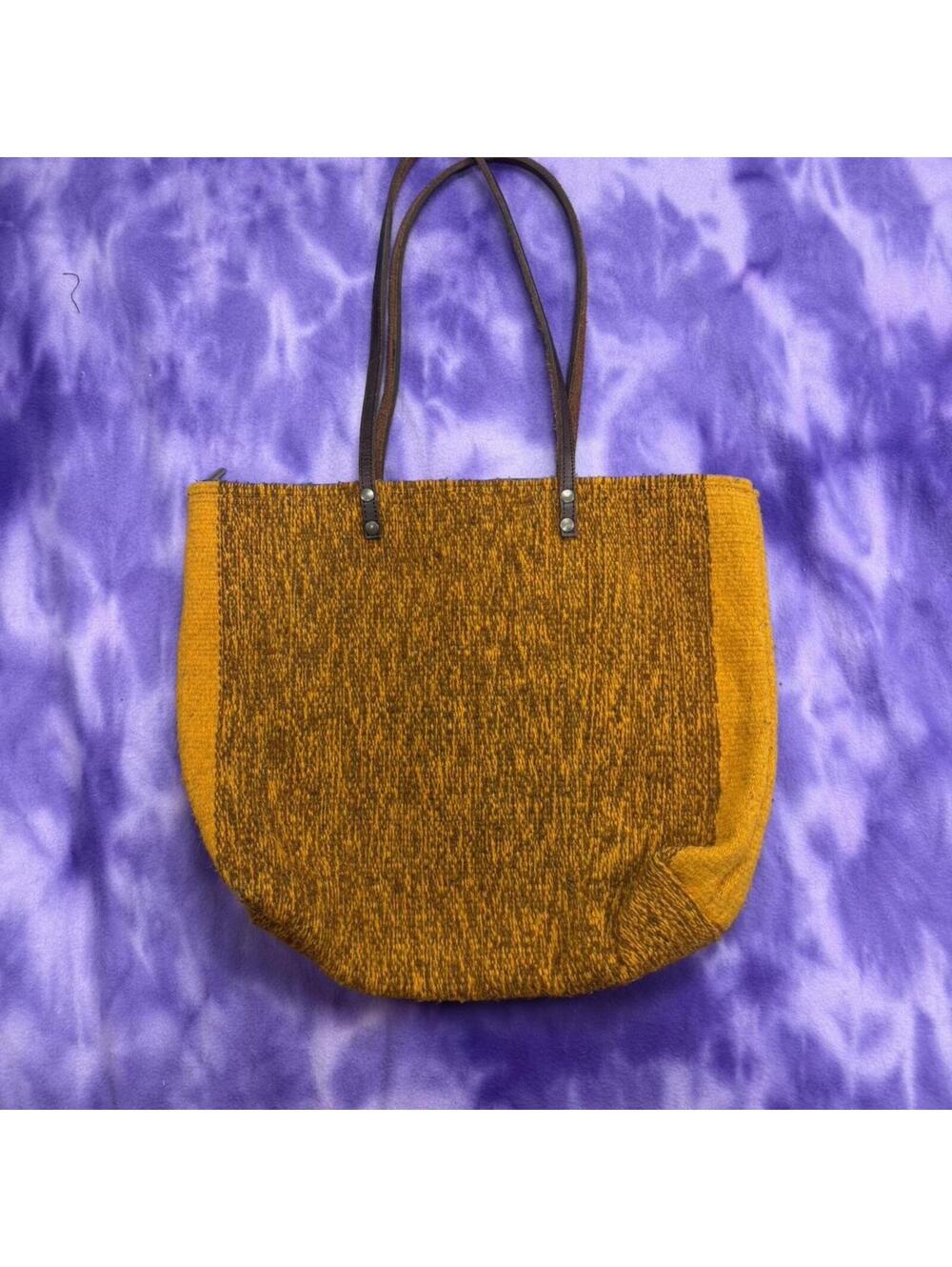 Vtg handmade wool mustard tone tote bag with leather straps